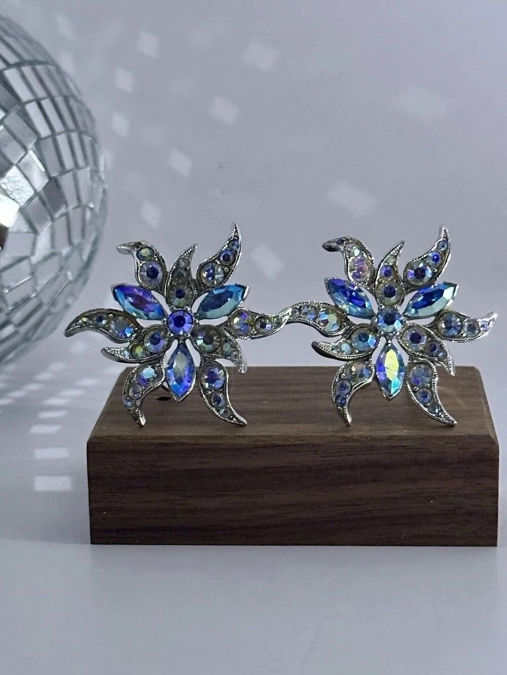 Vintage Bogoff Aurora Borealis Starburst Clip-On Earrings - Excellent condition